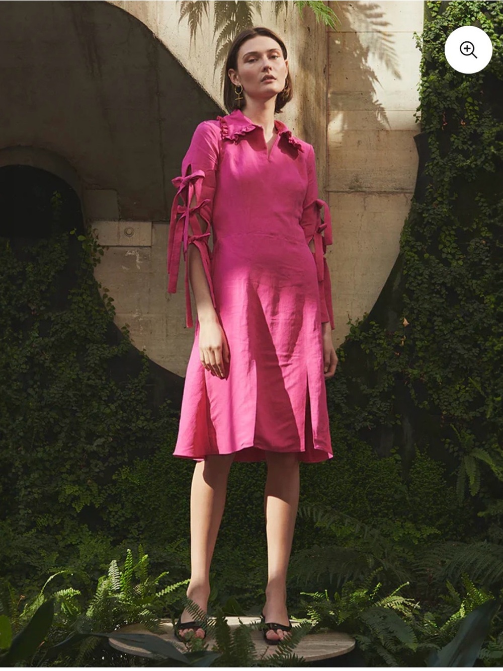 Loraine Holmes Linum Fuchsia Linen Blend Midi Dress XS Ruffle Collar Tie Sleeves